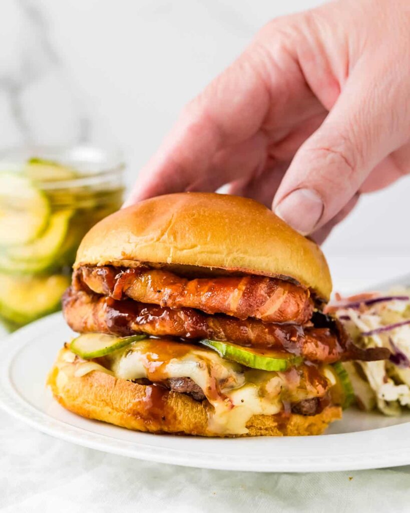 Ultimate Bacon Barbecue Burger with Onion Rings