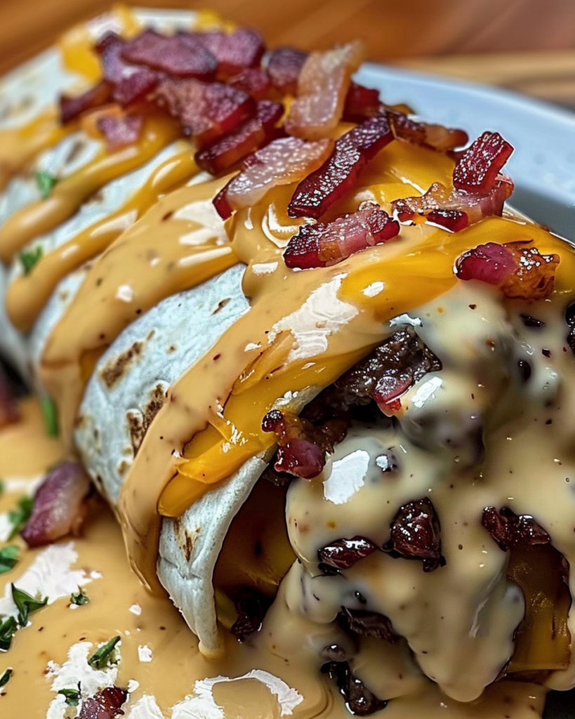 Huge Bacon Cheeseburger Burrito with Bacon & Creamy Cheese Sauce