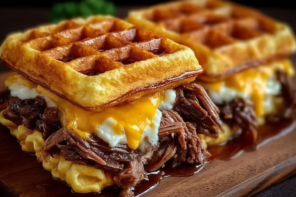 Brisket and Bourbon Maple Grilled Cheese Waffle Sandwich