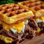 Brisket and Bourbon Maple Grilled Cheese Waffle Sandwich