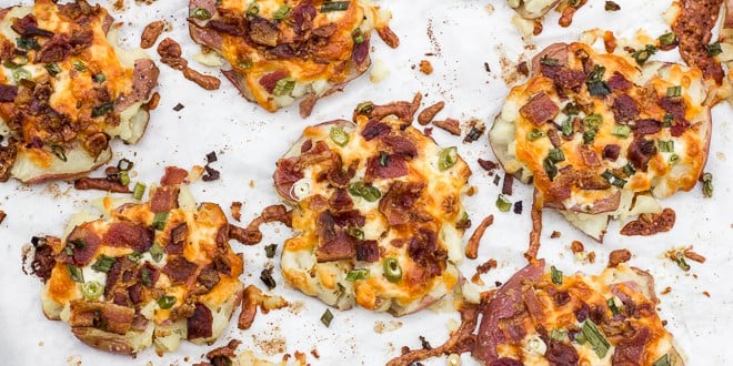 Baby red smashed potatoes with bacon