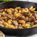 Marinated steak bites, gnocchi and mushrooms.