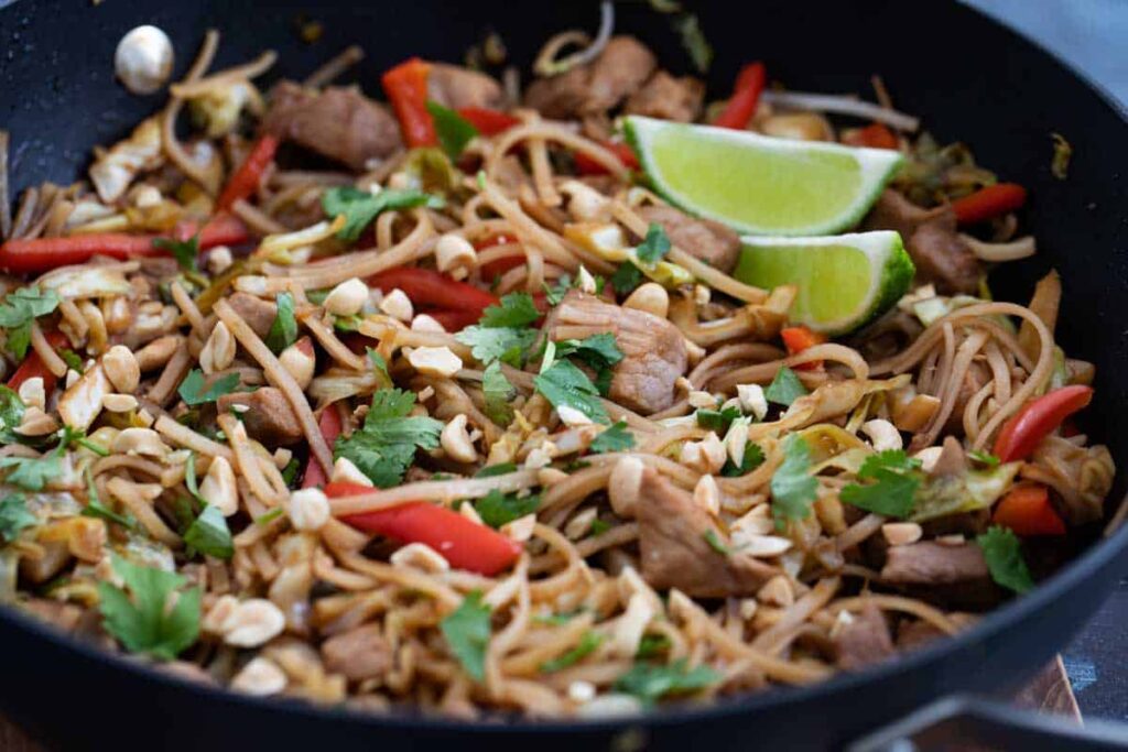 pork, chicken, fried rice and stir fry noodles