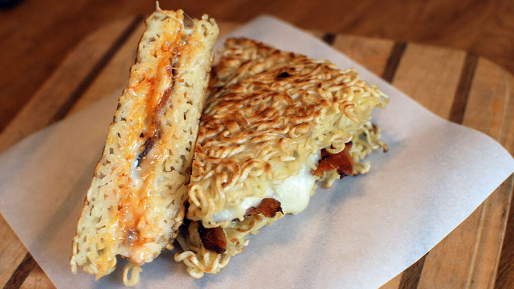 Ramen Noodle Grilled Cheese with Bacon