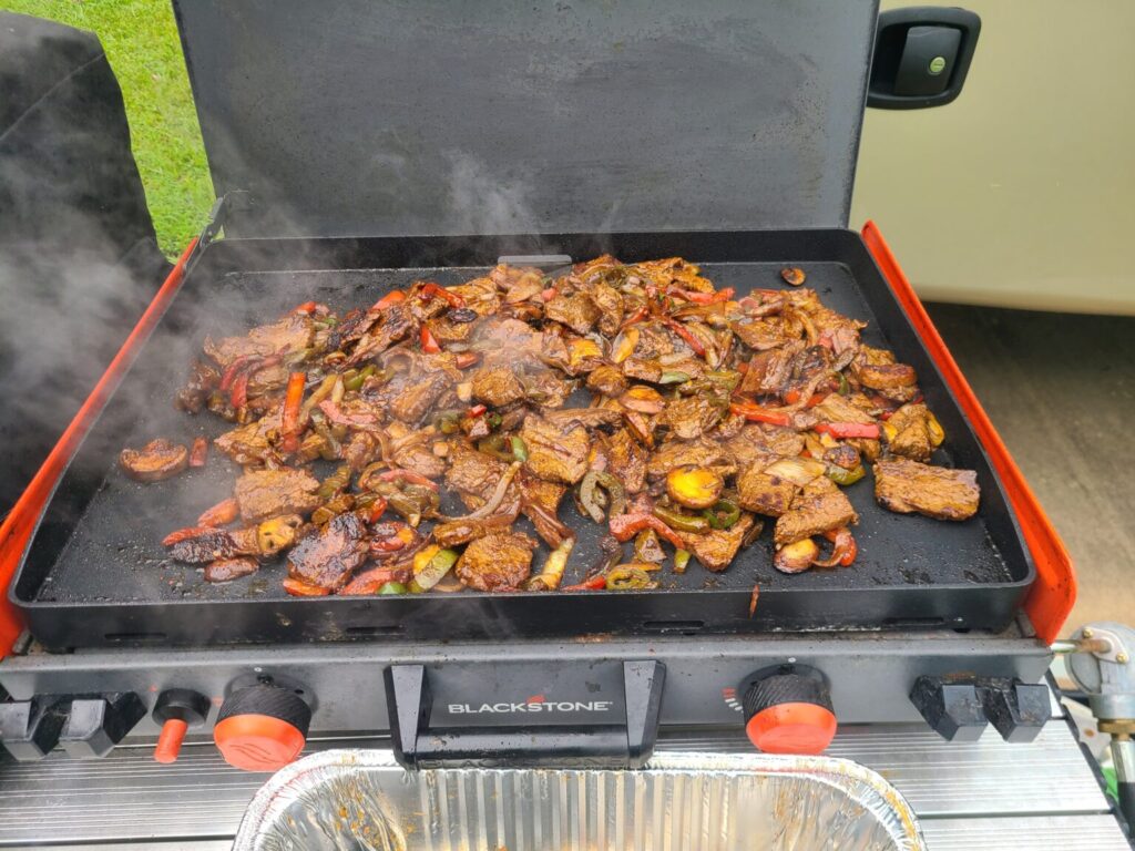 Blackstone Griddle Fajita/Taco Bar (Steak, Peppers, Onions & Refried Beans)