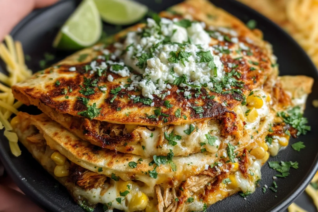 Chicken & chorizo quesadillas, rice and Mexican street corn for dinner!