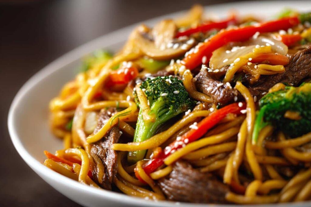 Beef lo mein on the Blackstone