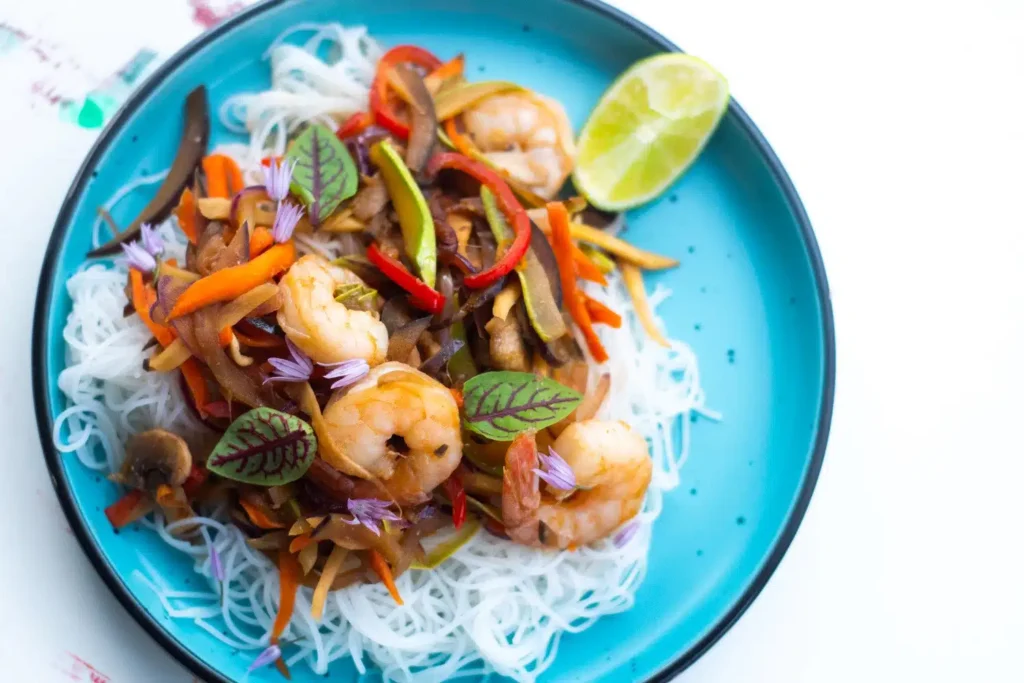 vegetable stir fry with rice noodles and shrimp