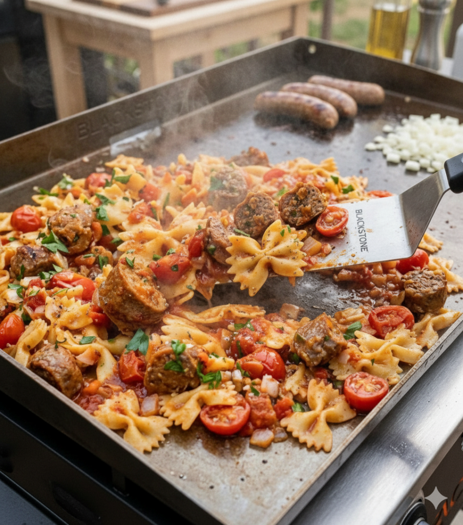 Griddle Pasta with Sausage & Cherry Tomatoes